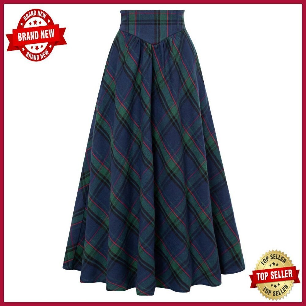 Victorian Maxi Skirt High Waist Elastic A-Line Plaid Long Skirt